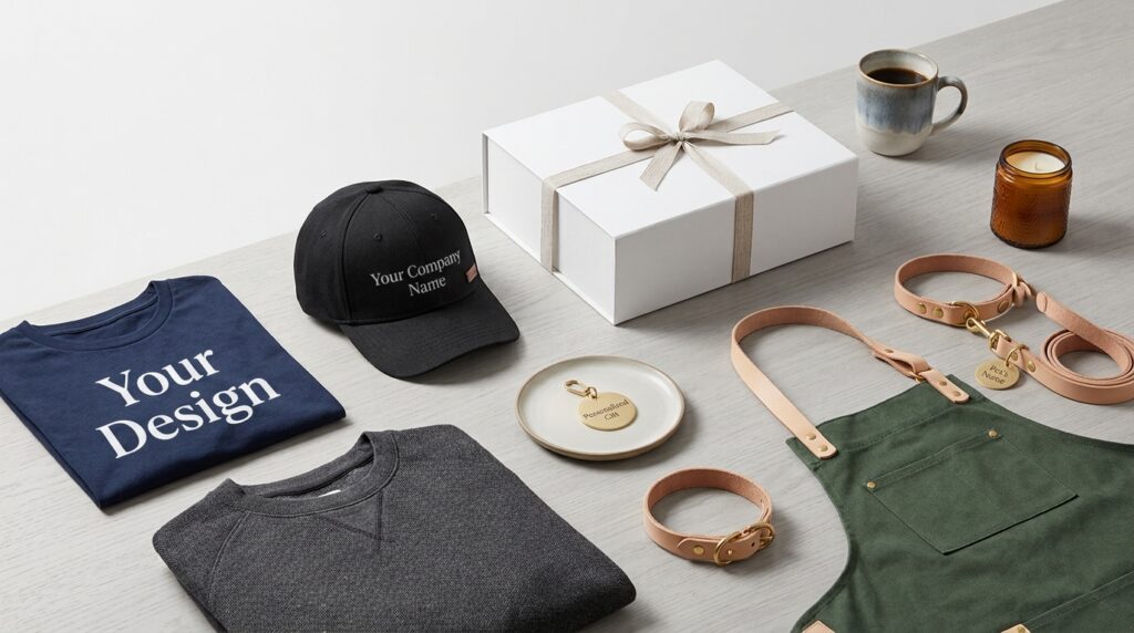 Merdoz product categories featuring personalized apparel, gifts, accessories, workwear, pet products, and lifestyle products